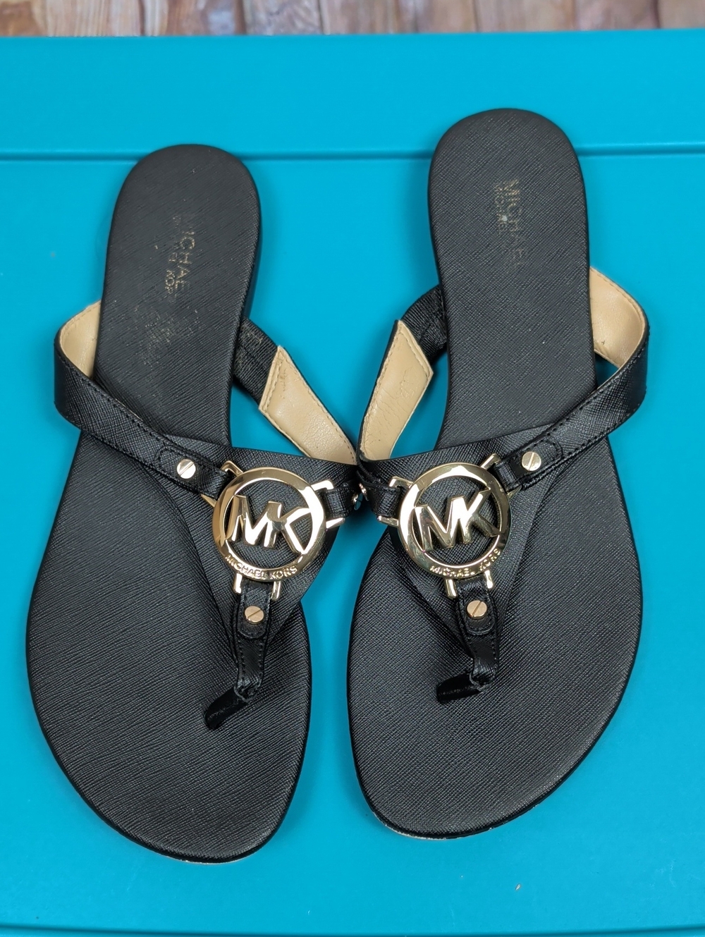 Michael Kors Black MK Gold Logo Thong Sandals 8.5
